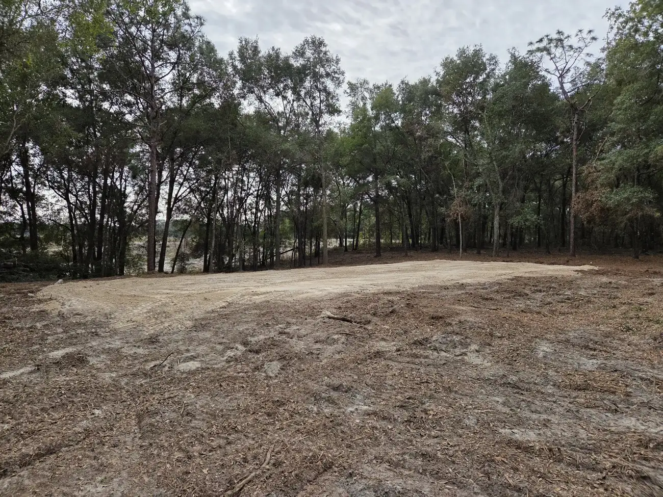 Freshly cleared and graded building pad on a wooded lot